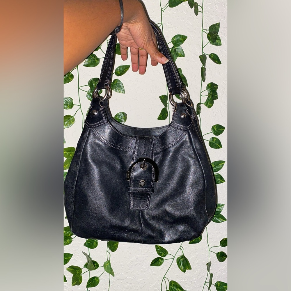 Authentic Coach Black Leather Hobo Bag with Buckle Detail